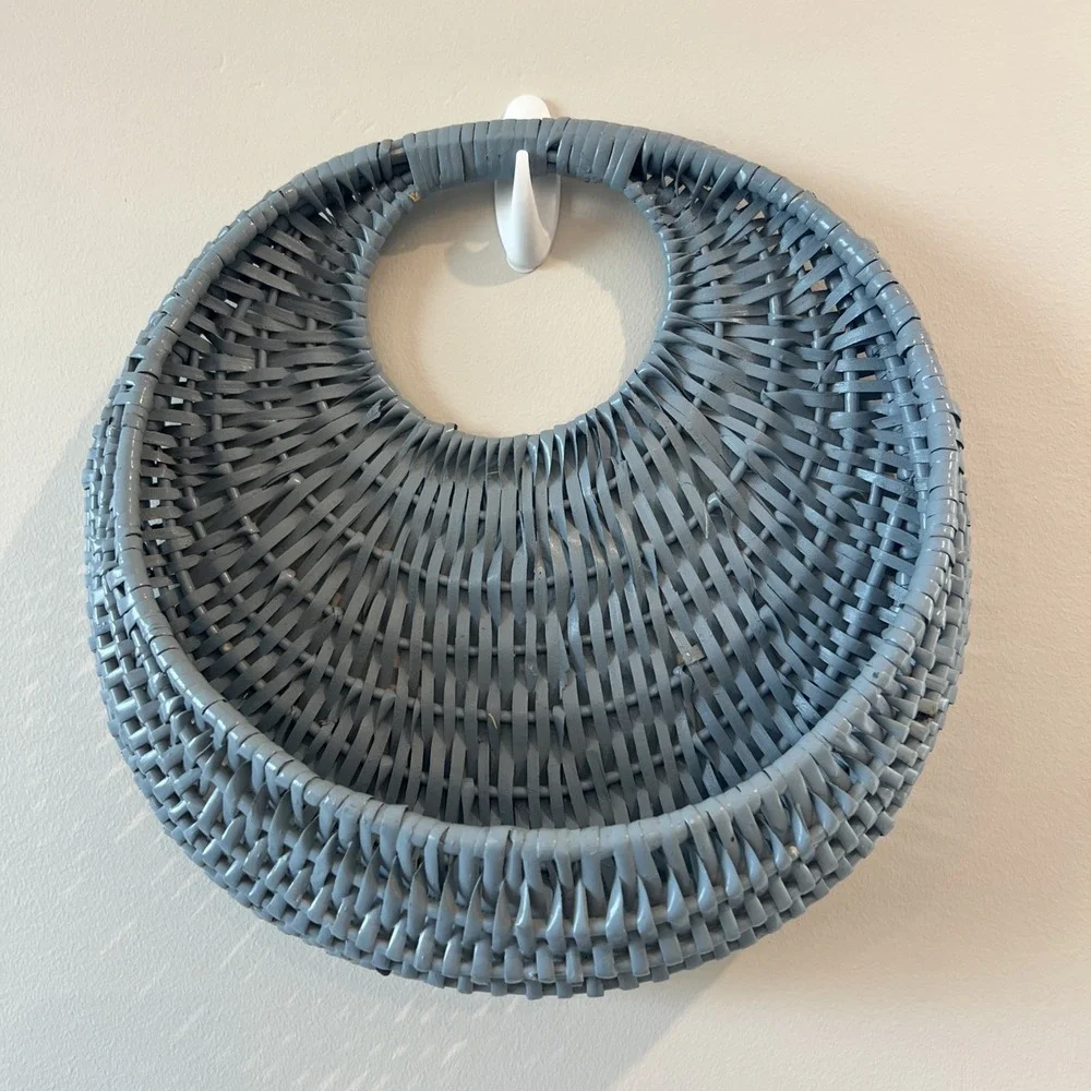 Woven Wicker Pocket Basket Blue Grayish Half Moon Design Vintage Painted